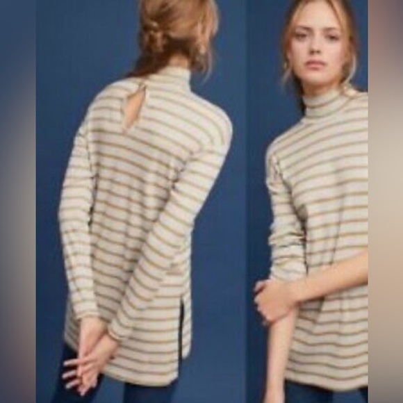 Anthropologie Vanessa Virginia Metallic Stripe Gold Funnel Neck Top XL NWT $78 - Picture 2 of 15